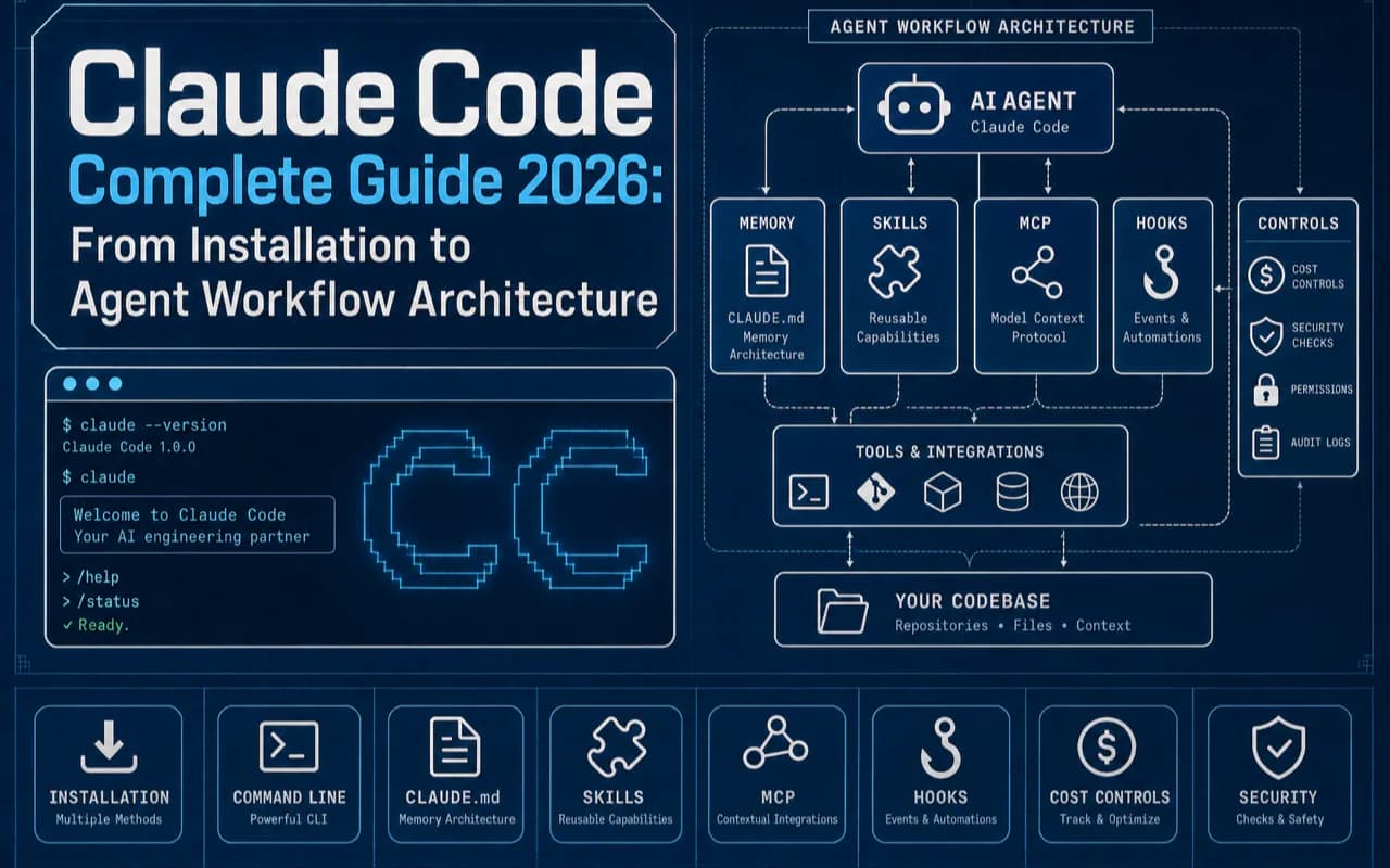 Claude Code Complete Guide 2026 technical blueprint showing a terminal coding agent connected to CLAUDE.md memory, Skills, MCP, hooks, cost controls, security checks, and codebase workflow architecture