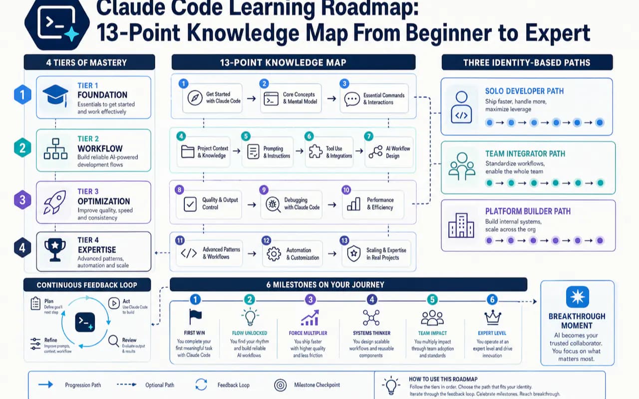 Claude Code Learning Roadmap: 13-Point Knowledge Map From Beginner to Expert technical illustration for AI Workflow Pro readers